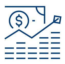 A blue line drawing of a dollar bill, a coin with a dollar sign, a rising graph line with an arrow, and horizontal bars, symbolizing financial growth or economic trends through converged provider enablement.