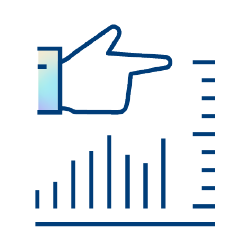 A blue outline of a hand pointing at a bar graph, with horizontal lines to the right suggesting measurement or comparison, symbolizing quality improvement solutions.