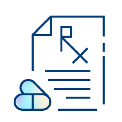 Outline of a prescription document with an Rx symbol, lines representing text, and two pastel-colored pills in the bottom left corner—perfect for showcasing quality improvement solutions on a light background.