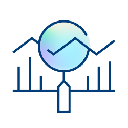 A simple graphic of a magnifying glass focusing on a line graph, with vertical bar chart elements in the background, symbolizing data analysis or analytics.