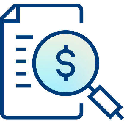 Icon of a document with horizontal lines, featuring a magnifying glass focusing on a dollar sign, symbolizing financial analysis or auditing through data linking.