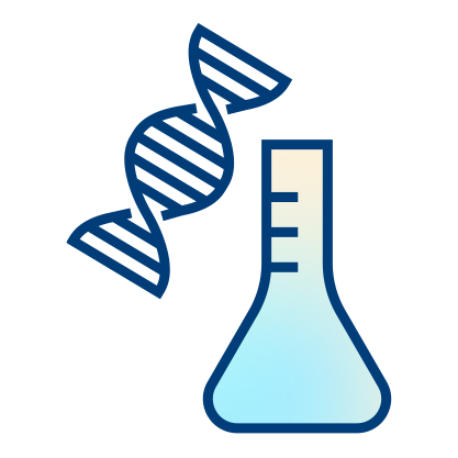 A blue outline illustration of a DNA double helix next to a laboratory flask with a light blue gradient, representing science, biotechnology, and data linking in research.