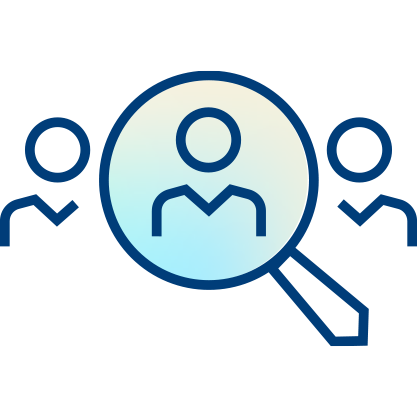 Outline of three people, with the center figure enlarged by a magnifying glass—symbolizing selection or recruitment—highlighting the power of data linking in identifying top talent.