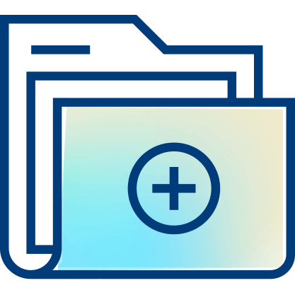 Icon of a folder with a plus sign in the center, symbolizing creating a new file or adding a document. The folder, outlined in blue with a gradient blue and beige fill, represents new document creation and data linking.