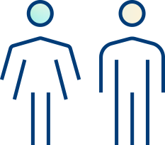 Simple blue line drawing of two human figures: one with a skirt, representing a woman, and one with straight legs, representing a man. Their color accents subtly suggest partnership in quality improvement solutions.