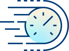 A stylized clock with blue outlines and motion lines, suggesting speed or fast movement, represents quality improvement solutions against a light background.