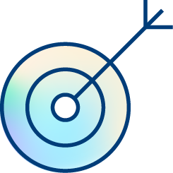A blue outline of a target with an arrow hitting the bullseye, filled with a subtle pastel gradient, symbolizes precision in quality improvement solutions.