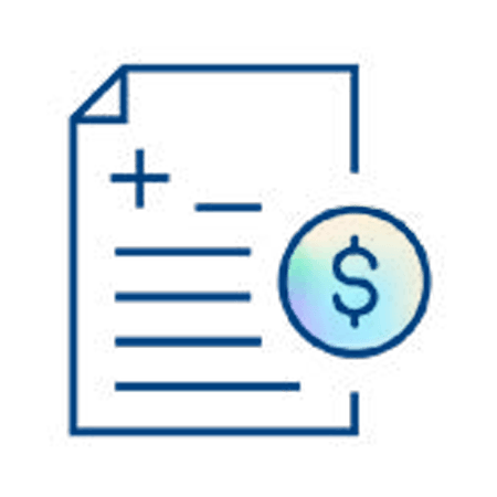 Blue outline of a document with horizontal lines and a plus sign, next to a circular icon with a dollar sign, symbolizing a financial or billing statement.