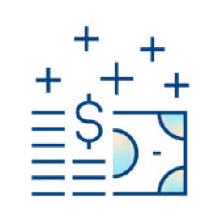 Icon of a dollar sign, currency bill, and plus signs, symbolizing financial growth, earnings, or profits. Blue and light blue color scheme with simple lines and gradients.