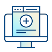 Line drawing of a computer monitor displaying a webpage with a large plus sign in the center, resembling an interface for adding new content or creating something new online.