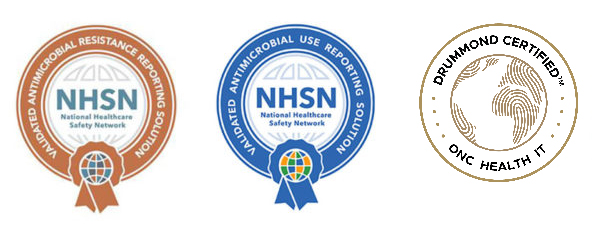 Three circular certification badges: two NHSN seals in brown and blue for antimicrobial resistance and use reporting, plus a gold Drummond Certified™ ONC Health IT seal with a globe graphic—ideal for Pharmacy Surveillance Software solutions.