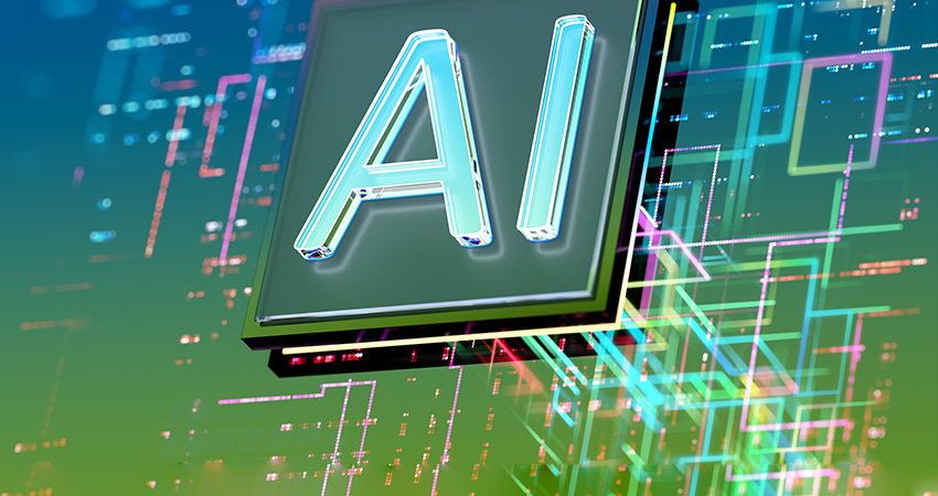 Large, glowing letters AI on a futuristic digital background with colorful, interconnected lines and circuits, symbolizing artificial intelligence and technology in advanced healthcare software.