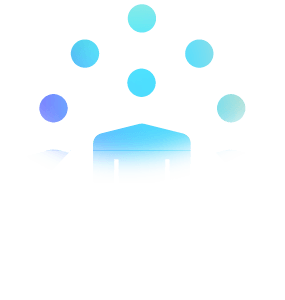 Abstract illustration of three simplified human figures with gradient blue heads and outlined bodies, with three additional floating blue circles above them, symbolizing teamwork or community.