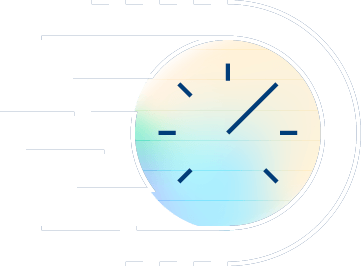 A stylized clock with blue hands and markers, surrounded by motion lines suggesting speed or fast movement, set against a light, gradient background.