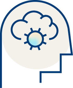 A simple outline of a human head in profile with a cloud and a sun inside, representing thoughts, ideas, or mental clarity.