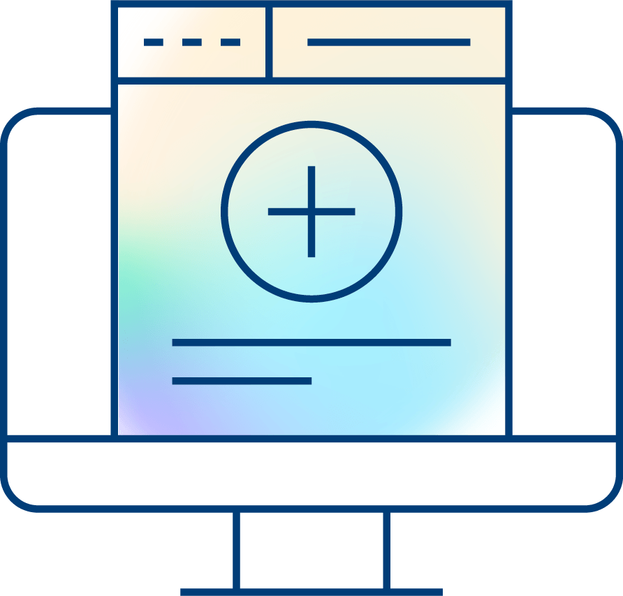 Illustration of a computer monitor displaying a webpage with a large plus sign in the center, lines suggesting text, and a light gradient background.