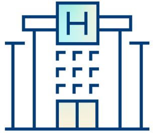 Simple line drawing of a hospital building with a large H sign at the top, rectangular windows in the center, and double entrance doors at the bottom, symbolizing quality improvement solutions in healthcare.