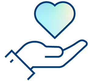 A simple line drawing of an open hand with a gradient blue heart floating above the palm, symbolizing care, giving, and a commitment to quality improvement solutions.