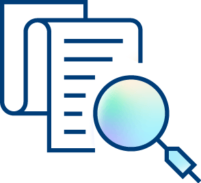 Icon of two overlapping sheets of paper with horizontal lines, and a magnifying glass in front, symbolizing document review or searching for quality improvement solutions within documents.
