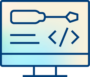 A computer monitor displaying icons of a screwdriver, code brackets, and horizontal lines, representing software development or quality improvement solutions.