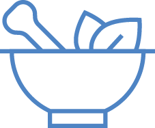 A blue line drawing of a mortar and pestle with two leaves inside the bowl, suggesting herbal or natural medicine, ideal for representing quality improvement solutions in health and wellness.
