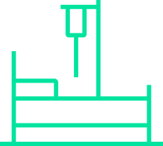 Simple green line drawing of a hospital bed with an IV drip stand above it, on a light gray background—ideal for illustrating quality improvement solutions in healthcare settings.