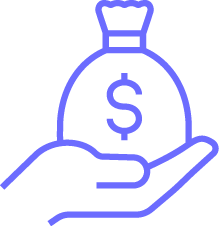 A simple line drawing of a hand holding a money bag with a dollar sign, representing financial support or giving money for quality improvement solutions.