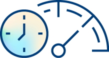 A simple illustration of a clock next to a speedometer, both outlined in blue, symbolizing time and speed or efficiency.