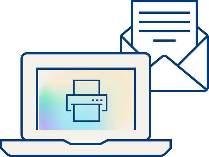 Outline drawing of a laptop displaying a printer icon on its screen, with an open envelope containing a letter in the background.