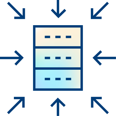 A stylized server icon with three horizontal sections is shown in the center, surrounded by eight arrows pointing inward from all directions, symbolizing centralized audits and appeals processes.