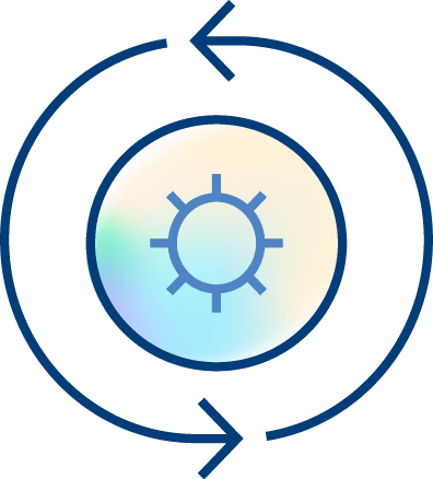 A blue gear icon inside a circle with two curved arrows surrounding it, forming a loop, symbolizing process, audits and appeals, update, or automation on a light background.