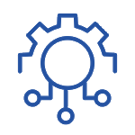 Blue line icon of a gear with three lines and circles extending downward, representing technology, automation, or integration. The background is light gray.