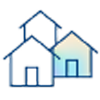 Simple line drawing of three overlapping houses with blue outlines. The house on the right, representing Antimicrobial Stewardship, has a subtle gradient of blue and yellow coloring, while the others are outlined in blue with no fill.