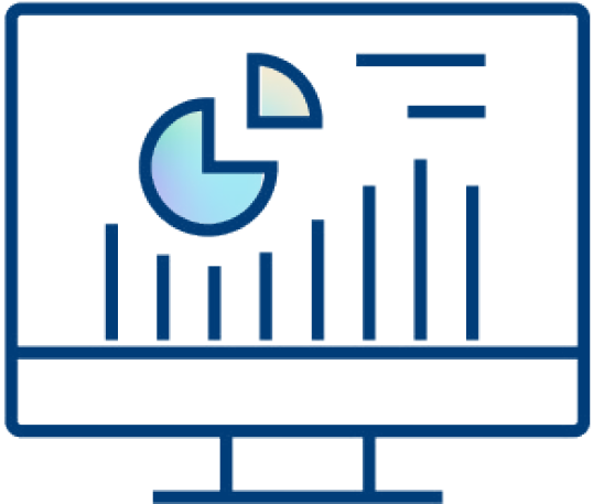 A computer monitor displays a pie chart and a bar graph, representing data visualization for Antimicrobial Stewardship. The graphics are simple, outlined in blue, with minimal color accents.