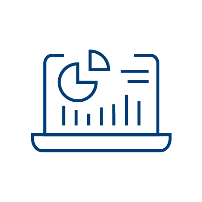 Simple line drawing of a laptop displaying analytical data, including a pie chart and bar graph, symbolizing data analysis or Medical Record Review Software for business analytics.