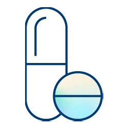 Simple line drawing of a capsule and a round pill, both outlined in blue, set against a light background—perfect for illustrating quality improvement solutions in healthcare or pharmacy. The capsule is upright, and the pill has a faint gradient color.