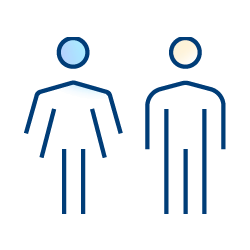 Simple blue line drawing of two stick figures: one with a skirt and blue circle head representing a woman, and one with pants and a cream circle head representing a man, illustrating quality improvement solutions on a light background.