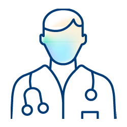 Simple line drawing of a person wearing a doctor’s coat and stethoscope, representing quality improvement solutions in healthcare. The face is featureless with a subtle gradient of colors, and no specific details are shown.