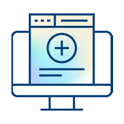 A simple line drawing of a computer monitor displaying a webpage with a large plus sign in the center, symbolizing quality improvement solutions for adding new content or creating a new webpage.