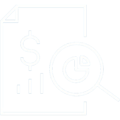 Outline icon of a document with a dollar sign, bar chart, and pie chart under a magnifying glass, representing how billing providers leverage RCM tech for financial analysis or report review. The image has a minimal, white-on-gray style.