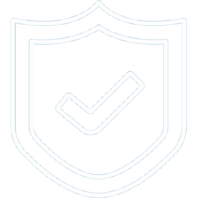 A simple outline of a shield with a checkmark in the center, symbolizing how billing providers leverage RCM tech for security, protection, or verification. The design is minimalistic with thin blue lines on a white background.