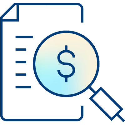 Icon of a document with text lines and a magnifying glass showing a dollar sign, symbolizing how billing providers leverage RCM tech for efficient financial review or analysis.