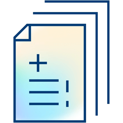 A simple illustration of a document with a plus sign and lines, representing how billing providers leverage RCM tech to add or create files, with three overlapping page outlines in the background.