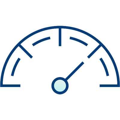 Simple gauge icon with a semicircular dial and a single needle pointing to the right, illustrating how billing providers leverage RCM tech to maintain medium or slightly above-average performance levels.