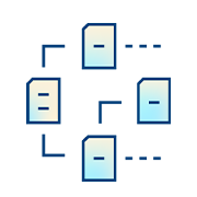 A simple illustration of four connected documents arranged in a square, with lines linking them, representing data sharing or a network.
