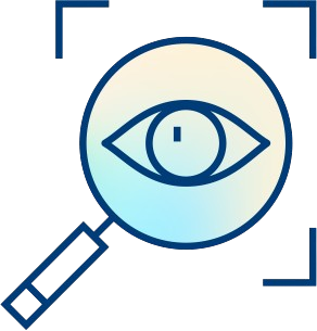 A magnifying glass with an eye inside the lens, symbolizing vision or inspection in Antimicrobial Stewardship, is centered within four corner brackets on a light background.