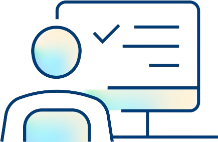 Simplified illustration of a person sitting in front of a computer monitor displaying a check mark and two lines, representing completed tasks or online learning.