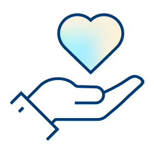 Simple line drawing of an open hand with a light blue and beige gradient heart hovering above the palm, symbolizing care, support, or giving—perfect for illustrating kindness or sharing real-world data with empathy.