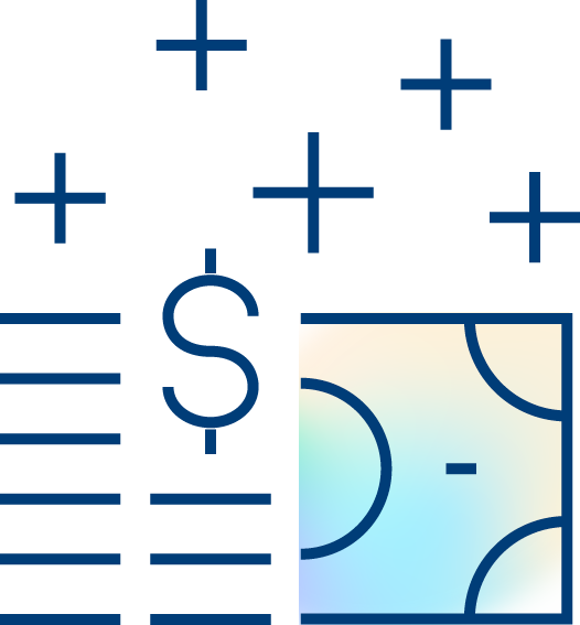 Abstract graphic with blue dollar sign, open enrollment text, plus and minus symbols, horizontal lines, and a gradient square with curved lines on a light background. The design blends financial and geometric elements.