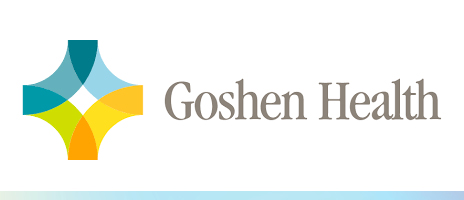 Goshen Health logo featuring overlapping shapes in blue, teal, yellow, and green forming a cross next to the words Goshen Health in gray text, reflecting their commitment to Antimicrobial Stewardship.